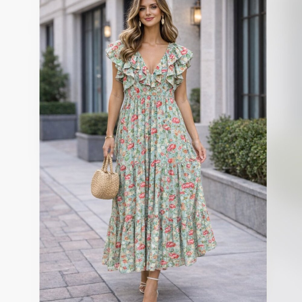Crosby by Mollie Burch Floral Ruffle Midi Dress Size XS